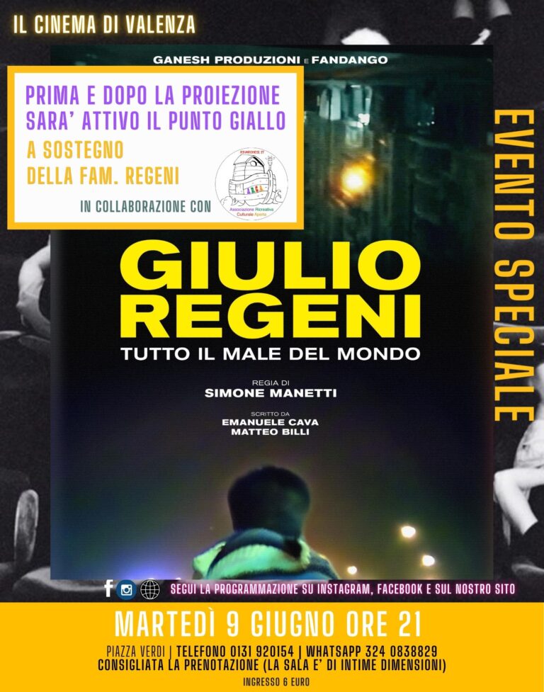 ‘Giulio Regeni tutto il male del mondo’ al Cinema Sociale di Valenza
