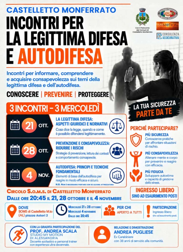 Castelletto Monferrato, 3 incontri su legittima difesa e sicurezza